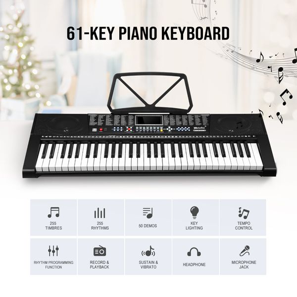 Electric Piano Electronic Keyboard Melodic 61 Lighted Keys USB Port 50 Demo Songs Music Stand