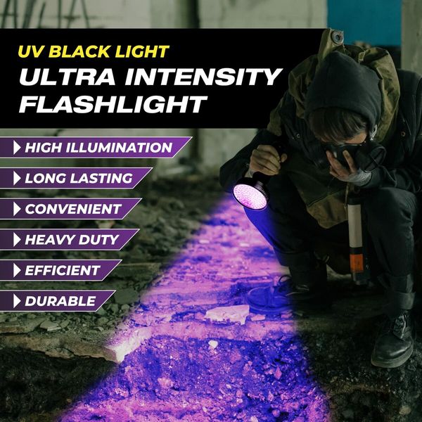 Black Light Flashlight 100 LED Lamp Blacklight Inspection Pet Urine & Stains 385-395nm LEDs Spot Counterfeit Money Leaks