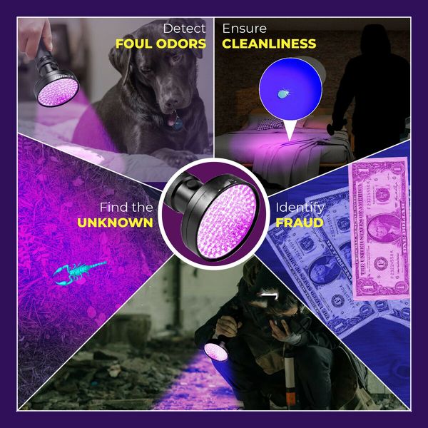 Black Light Flashlight 100 LED Lamp Blacklight Inspection Pet Urine & Stains 385-395nm LEDs Spot Counterfeit Money Leaks