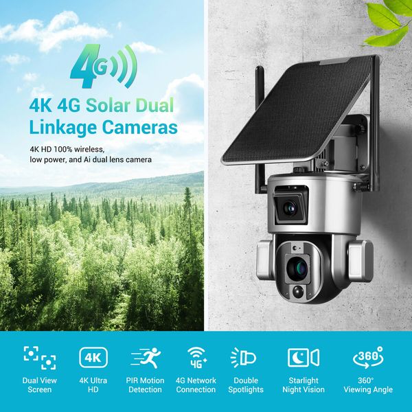 4G LTE Security Camera Home CCTV House WiFi Solar Wireless Outdoor Surveillance System Dual Lens 4K PTZ Batteries