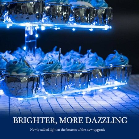 4 Tier Cupcake Stand Acrylic Tower Display with LED Light Premium Holder Dessert Tree Tower for Birthday Cady Bar Décor Weddings,Parties Events (Blue Light)