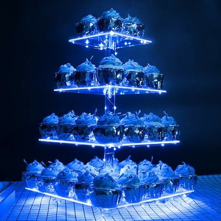 4 Tier Cupcake Stand Acrylic Tower Display with LED Light Premium Holder Dessert Tree Tower for Birthday Cady Bar Décor Weddings,Parties Events (Blue Light)