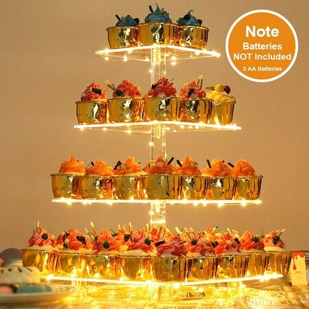 4 Tier Cupcake Stand Acrylic Tower Display with LED Light Premium Holder Dessert Tree Tower for Birthday Cady Bar Decor Weddings,Parties Events (Yellow Light)