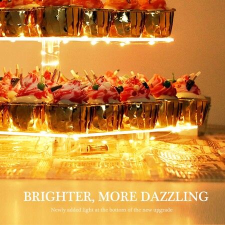 4 Tier Cupcake Stand Acrylic Tower Display with LED Light Premium Holder Dessert Tree Tower for Birthday Cady Bar Decor Weddings,Parties Events (Yellow Light)