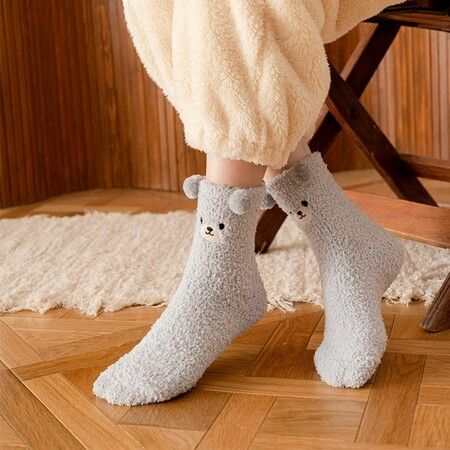 Women Winter Warm Fluffy Socks Home Floor Sleep Kawaii 3D Cute Animal Thick Fleece Fuzzy Sock Fashion Style Color White