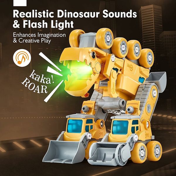 Dinosaur Toys for Boys, 5-in-1 Construction Vehicles Transform into Dinosaur Robot, STEM Construction Toy for 5+Year Olds Educational Gift