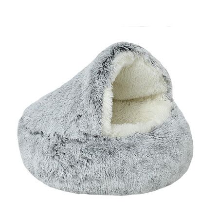 Round Plush Fluffy Hooded Cat Bed Cave, Cozy for Indoor Cats or Small Dog beds, Soothing Calm Anti-nxiety Bed Waterproof Bottom Washable (50cm, Grey)