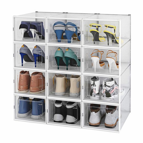 12Pcs Shoe Box Storage Case Clear Boxes Sneaker Display Plastic Extra Large Stackable Container Unit Transparent Organizer