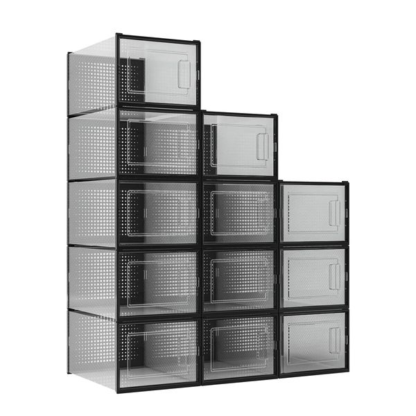 12PCS Shoe Storage Box Sneaker Display Case Plastic Clear Boxes Stackable Organizer Transparent Container Unit Extra Large