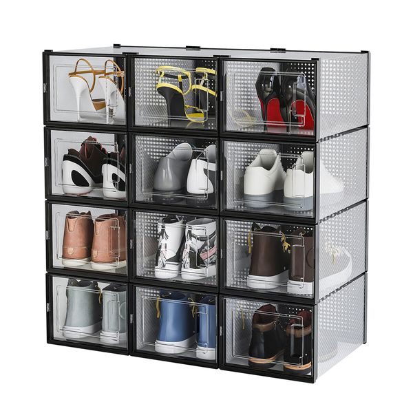 12PCS Shoe Storage Box Sneaker Display Case Plastic Clear Boxes Stackable Organizer Transparent Container Unit Extra Large