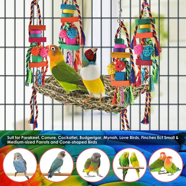 Bird Toys, Bird Foraging Wall Toy,Edible Seagrass Woven Climbing Hammock Swing Mat with Colorful Chewing Toys,Suitable for Lovebirds,Finch,Parakeets,Budgerigars,Conure,Cockatiel