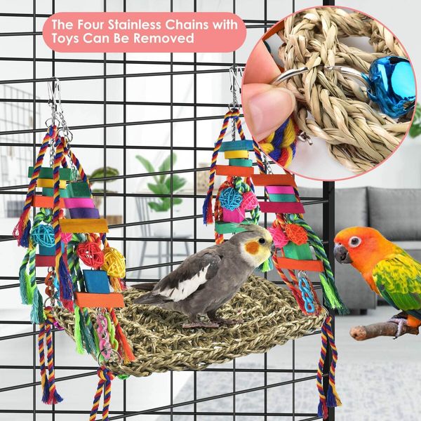 Bird Toys, Bird Foraging Wall Toy,Edible Seagrass Woven Climbing Hammock Swing Mat with Colorful Chewing Toys,Suitable for Lovebirds,Finch,Parakeets,Budgerigars,Conure,Cockatiel