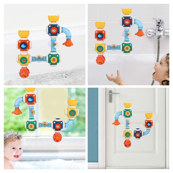 Bath Toys,STEM Baby Bathtub Toy with DIY Pipe Tubes,Cubes,Spoon,Cute Bathroom Time Spray Waterfall Shower Toy,Great Gifts for Toddlers Boys Girls