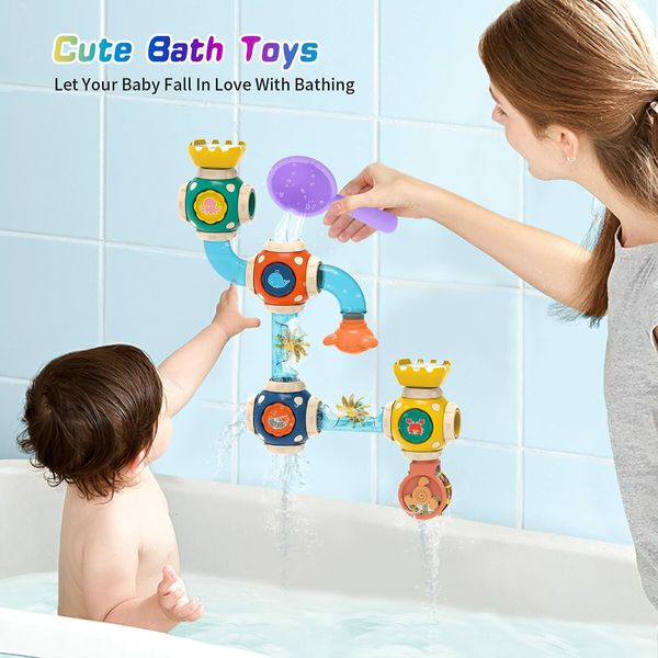 Bath Toys,STEM Baby Bathtub Toy with DIY Pipe Tubes,Cubes,Spoon,Cute Bathroom Time Spray Waterfall Shower Toy,Great Gifts for Toddlers Boys Girls