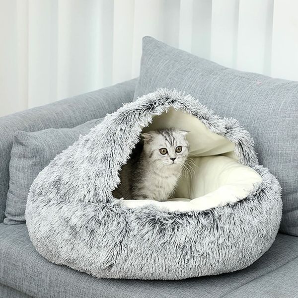 Cat Bed Winter Warm Shell Semi Enclosed Cat Litter Pet Cat Bed Puppy Cat Soft Self-Warming Plush Bed for Pets (70cm, Pink)