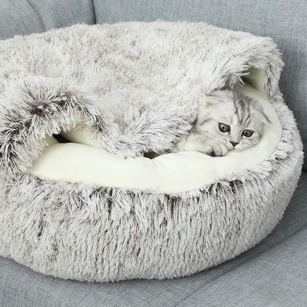 Cat Bed Winter Warm Shell Semi Enclosed Cat Litter Pet Cat Bed Puppy Cat Soft Self-Warming Plush Bed for Pets (70cm, Pink)