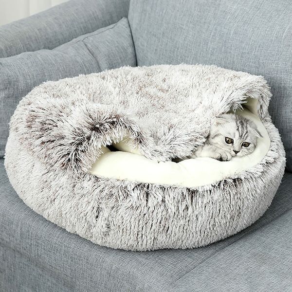 Cat Bed Winter Warm Shell Semi Enclosed Cat Litter Pet Cat Bed Puppy Cat Soft Self-Warming Plush Bed for Pets (70cm, Light Grey)