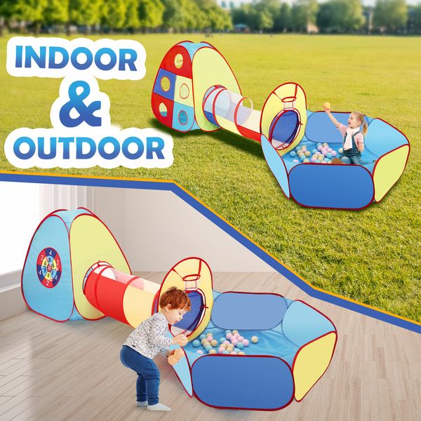 Kids Teepee Tent Pop Up 3 In 1 Playhouse Ball Pit Crawl Tunnel Basketball Hoop Indoor Playground Dollhouse Activity Centre