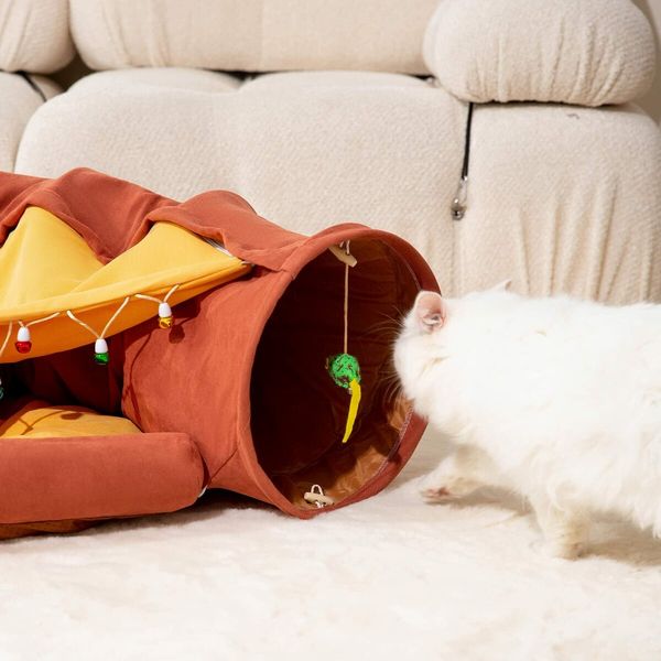 Cat Tunnel for Indoor Cats Tube with Collapsible Washable Cat Bed,Premium Cat Toy for Small Medium Large Cat-Red