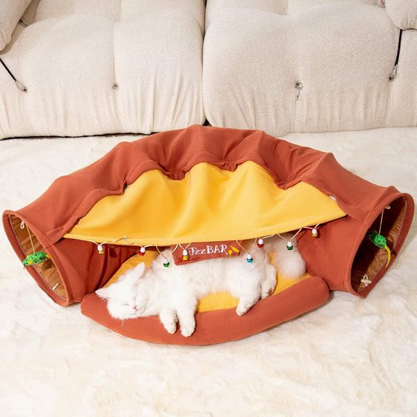 Cat Tunnel for Indoor Cats Tube with Collapsible Washable Cat Bed,Premium Cat Toy for Small Medium Large Cat-Red