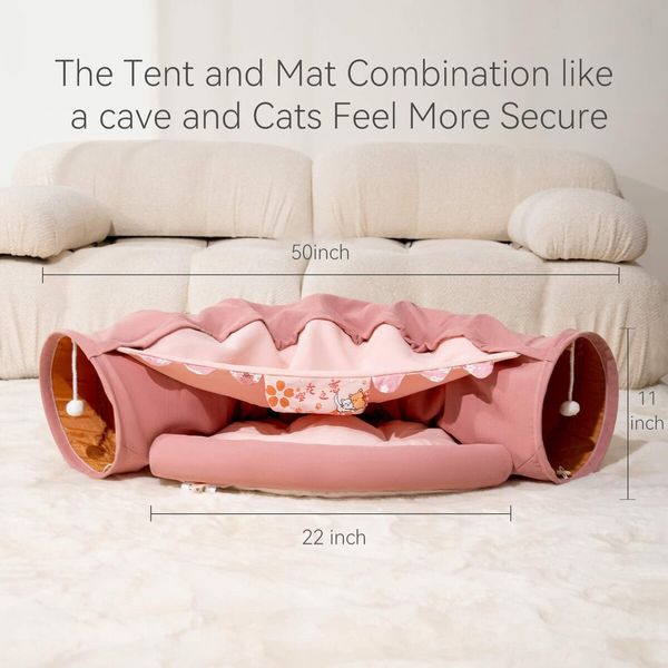 Cat Tunnel for Indoor Cats Tube with Collapsible Washable Cat Bed,Premium Cat Toy for Small Medium Large Cat-Pink