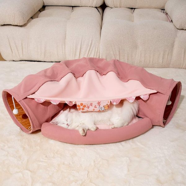 Cat Tunnel for Indoor Cats Tube with Collapsible Washable Cat Bed,Premium Cat Toy for Small Medium Large Cat-Pink