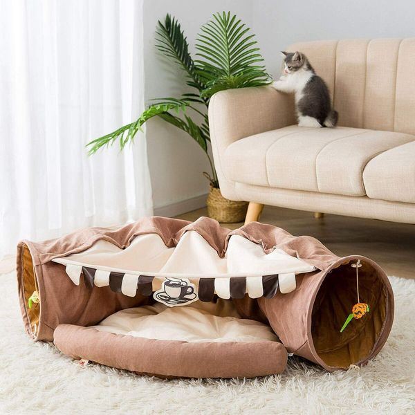 Cat Tunnel for Indoor Cats Tube with Collapsible Washable Cat Bed,Premium Cat Toy for Small Medium Large Cat-Brown