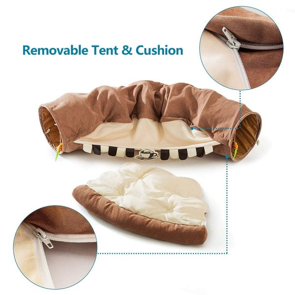 Cat Tunnel for Indoor Cats Tube with Collapsible Washable Cat Bed,Premium Cat Toy for Small Medium Large Cat-Brown