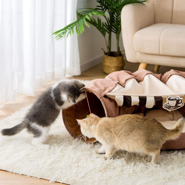 Cat Tunnel for Indoor Cats Tube with Collapsible Washable Cat Bed,Premium Cat Toy for Small Medium Large Cat-Brown