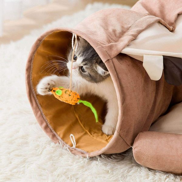 Cat Tunnel for Indoor Cats Tube with Collapsible Washable Cat Bed,Premium Cat Toy for Small Medium Large Cat-Brown