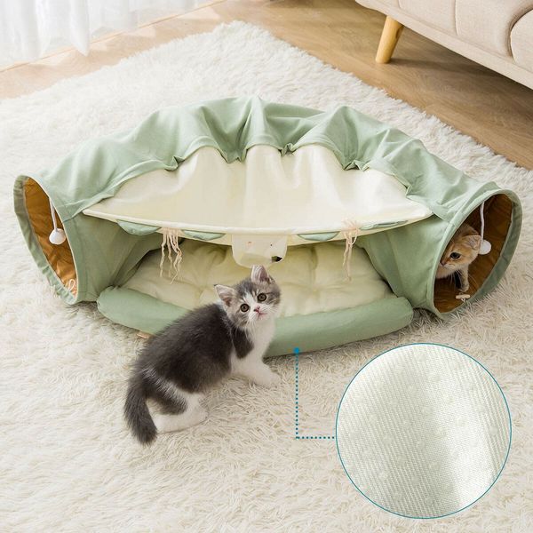 Cat Tunnel for Indoor Cats Tube with Collapsible Washable Cat Bed,Premium Cat Toy for Small Medium Large Cat-Green