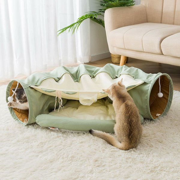 Cat Tunnel for Indoor Cats Tube with Collapsible Washable Cat Bed,Premium Cat Toy for Small Medium Large Cat-Green