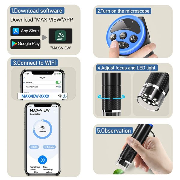 Wireless Digital Microscope,50X-1000X Magnification WiFi USB HD Portable Handheld Pocket Microscopes Camera with 8 Adjustable LED Compatible with iPhone iPad Android Windows Mac Computer