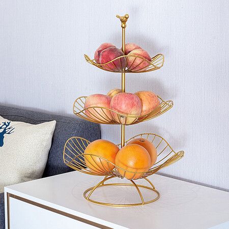 Metal 3-Tier Fruit Basket Holder Decorative Fruit Bowl Stand (Gold)