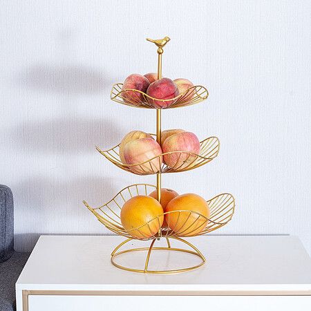 Metal 3-Tier Fruit Basket Holder Decorative Fruit Bowl Stand (Gold)