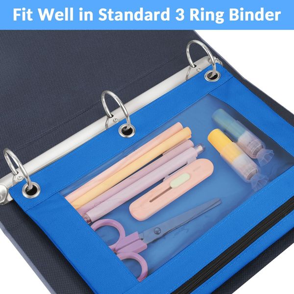 Pencil Pouch for 3 Ring Binder,Binder Pencil Pouch with Clear Window Pencil Bags with Zipper & Reinforced Grommets,Pencil Case for Binder (2 Pack Rose Red & Azure Blue)