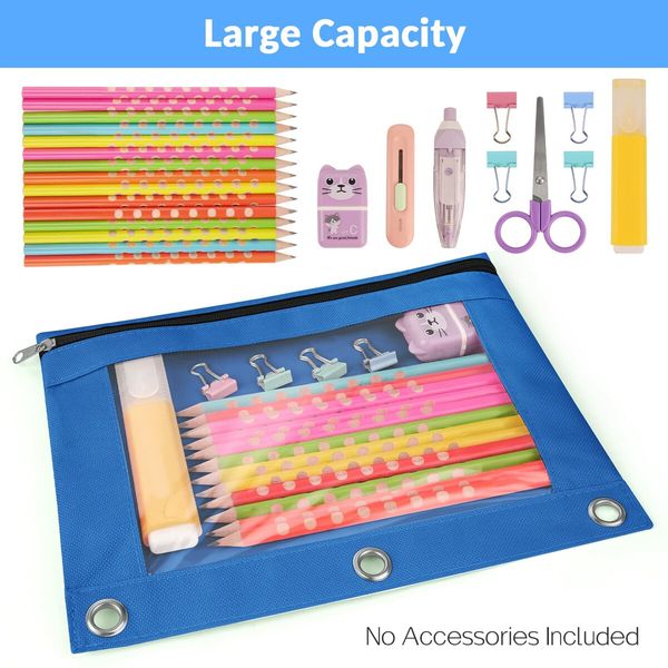 Pencil Pouch for 3 Ring Binder,Binder Pencil Pouch with Clear Window Pencil Bags with Zipper & Reinforced Grommets,Pencil Case for Binder (2 Pack Rose Red & Azure Blue)