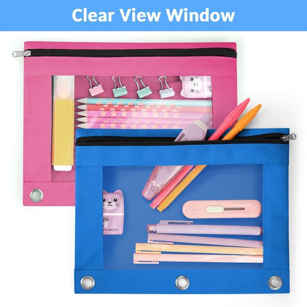 Pencil Pouch for 3 Ring Binder,Binder Pencil Pouch with Clear Window Pencil Bags with Zipper & Reinforced Grommets,Pencil Case for Binder (2 Pack Rose Red & Azure Blue)