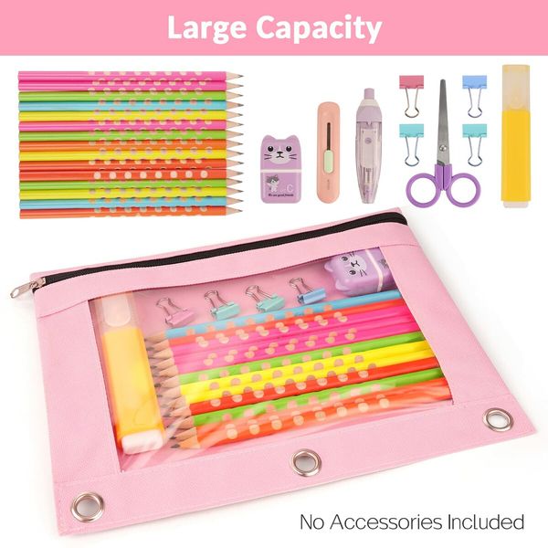 Pencil Pouch for 3 Ring Binder,Binder Pencil Pouch with Clear Window Pencil Bags with Zipper & Reinforced Grommets,Pencil Case for Binder (2 Pack Pink & Grey)