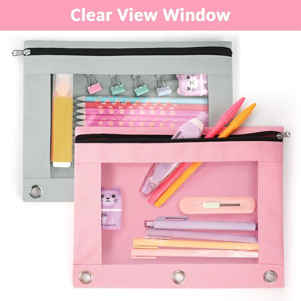 Pencil Pouch for 3 Ring Binder,Binder Pencil Pouch with Clear Window Pencil Bags with Zipper & Reinforced Grommets,Pencil Case for Binder (2 Pack Pink & Grey)