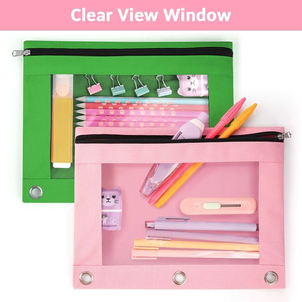 Pencil Pouch for 3 Ring Binder,Binder Pencil Pouch with Clear Window Pencil Bags with Zipper & Reinforced Grommets,Pencil Case for Binder (2 Pack Green & Pink)