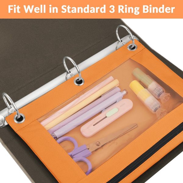 Pencil Pouch for 3 Ring Binder,Binder Pencil Pouch with Clear Window Pencil Bags with Zipper & Reinforced Grommets,Pencil Case for Binder (2 Pack Orange & Azure Blue)