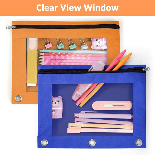 Pencil Pouch for 3 Ring Binder,Binder Pencil Pouch with Clear Window Pencil Bags with Zipper & Reinforced Grommets,Pencil Case for Binder (2 Pack Orange & Azure Blue)