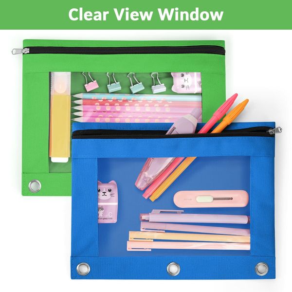 Pencil Pouch for 3 Ring Binder,Binder Pencil Pouch with Clear Window Pencil Bags with Zipper & Reinforced Grommets,Pencil Case for Binder (2 Pack Sky Blue & Green)