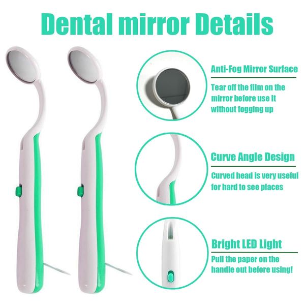 2 Pcs Dental Mirror with Light Tool LED Lighted Teeth Inspection Mirror Anti Fog (Green)