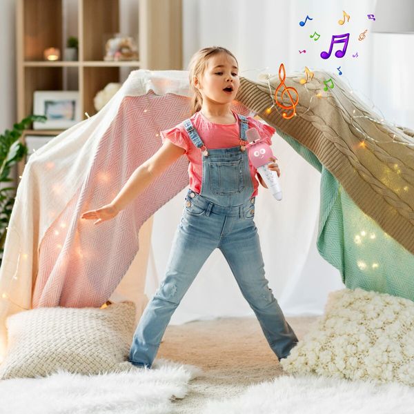 Microphone with Bluetooth Speaker  Flower Carrot Karaoke for Children Gift LED Voice Modulation Pairing with Smartphone Color Pink