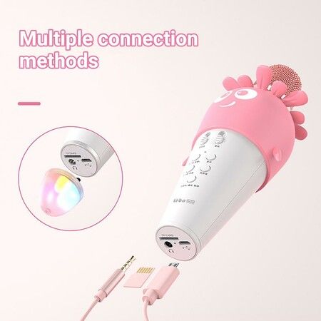 Microphone with Bluetooth Speaker  Flower Carrot Karaoke for Children Gift LED Voice Modulation Pairing with Smartphone Color Pink