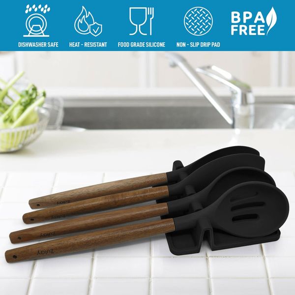 Silicone Utensil Rest with Drip Pad for Multiple Utensils, Heat-Resistant, Spoon Rest And Holder for Stove Top, Kitchen Utensil Holder Color Black