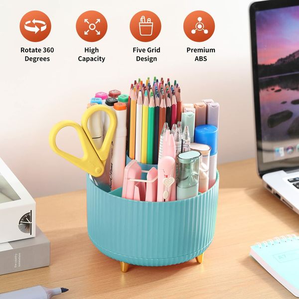 Desk Pencil Pen Holder,5 Slots 360°Degree Rotating Pencil Pen Organizers for Desk,Desktop Storage Stationery Supplies Organizer,Cute Pencil Cup Pot for Office,School,Home,Art Supply (Light Blue)