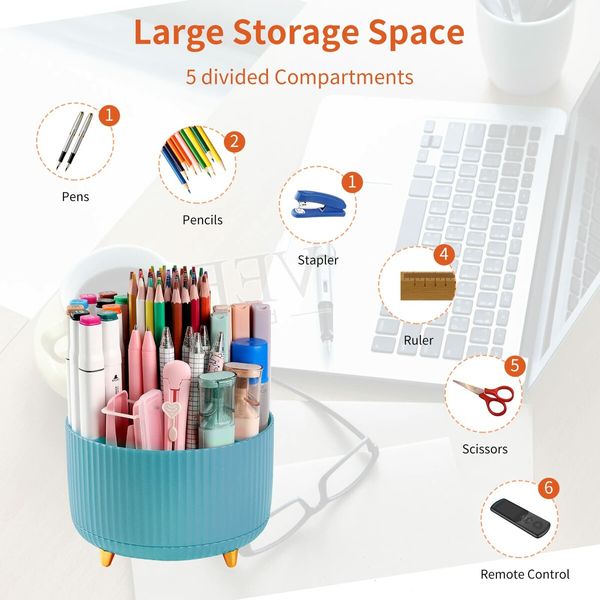 Desk Pencil Pen Holder,5 Slots 360°Degree Rotating Pencil Pen Organizers for Desk,Desktop Storage Stationery Supplies Organizer,Cute Pencil Cup Pot for Office,School,Home,Art Supply (Light Blue)